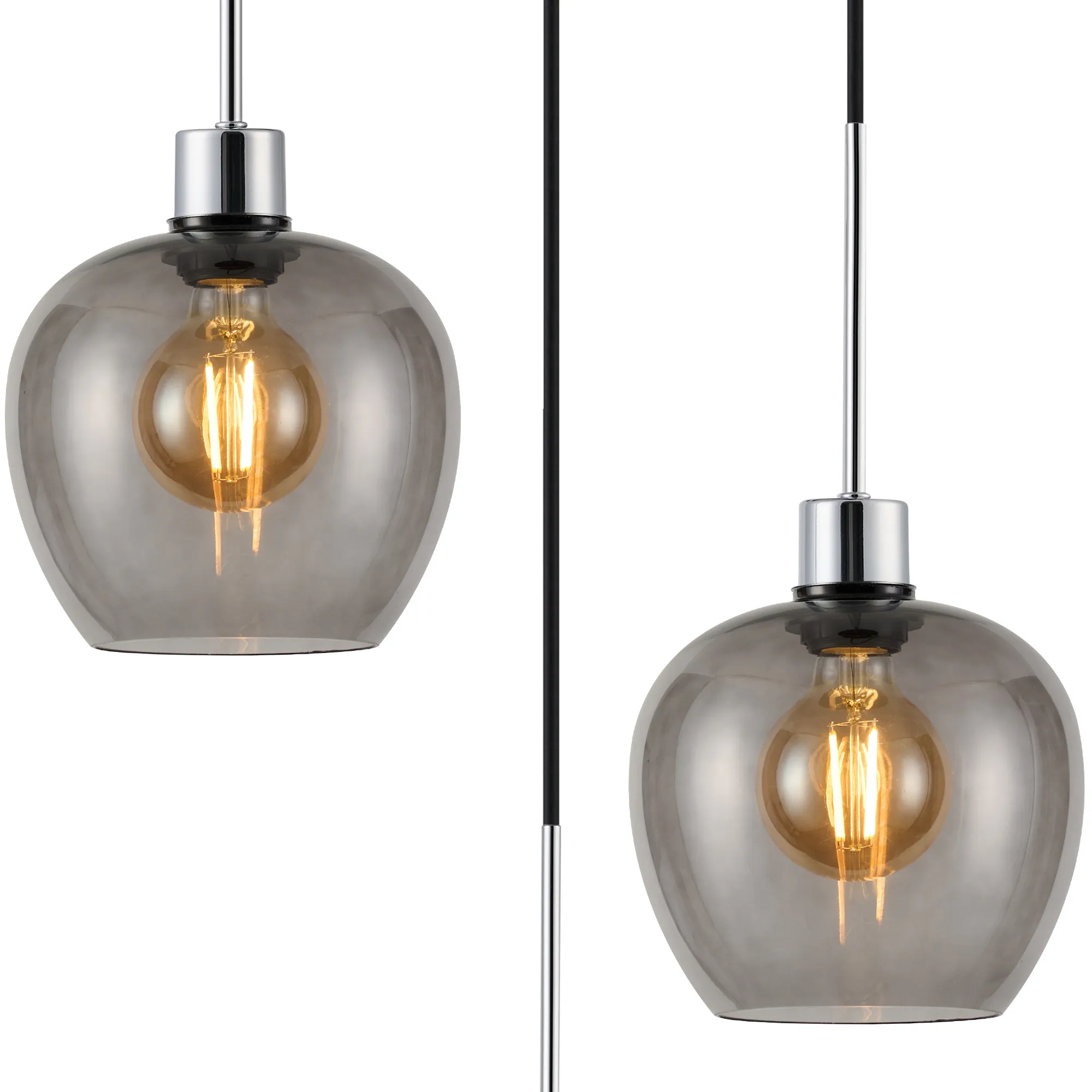Lori 40cm Round Pendant, 3 Light Adjustable E27, Polished Chrome/Smoke Wine Shades DK1278  Deco Lori Polished Chrome